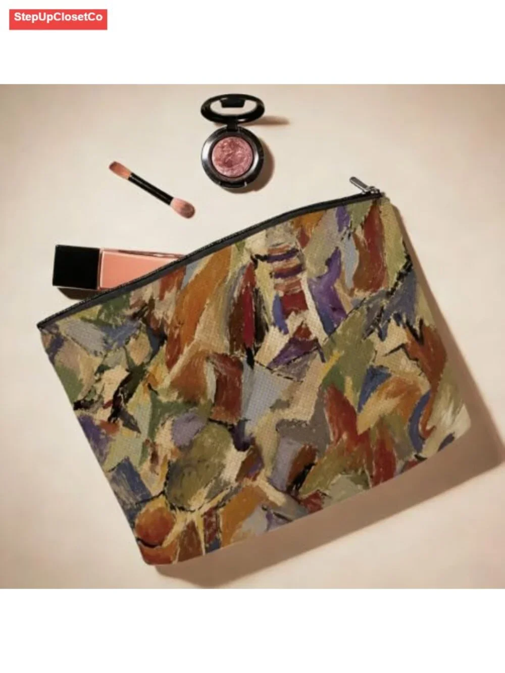 Canvas Makeup Bag with Waterproof Lining, Large Capacity Cosmetic Pouch for